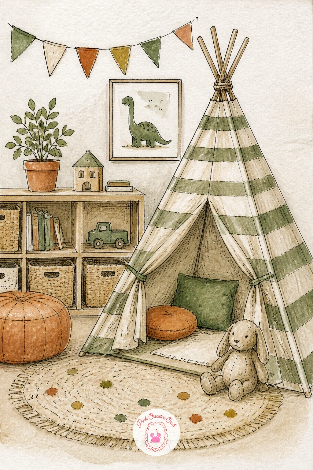 Playroom With a Teepee — Give the teepee its triangular shape first, keeping the two sides slightly uneven on purpose, since a perfectly symmetrical teepee