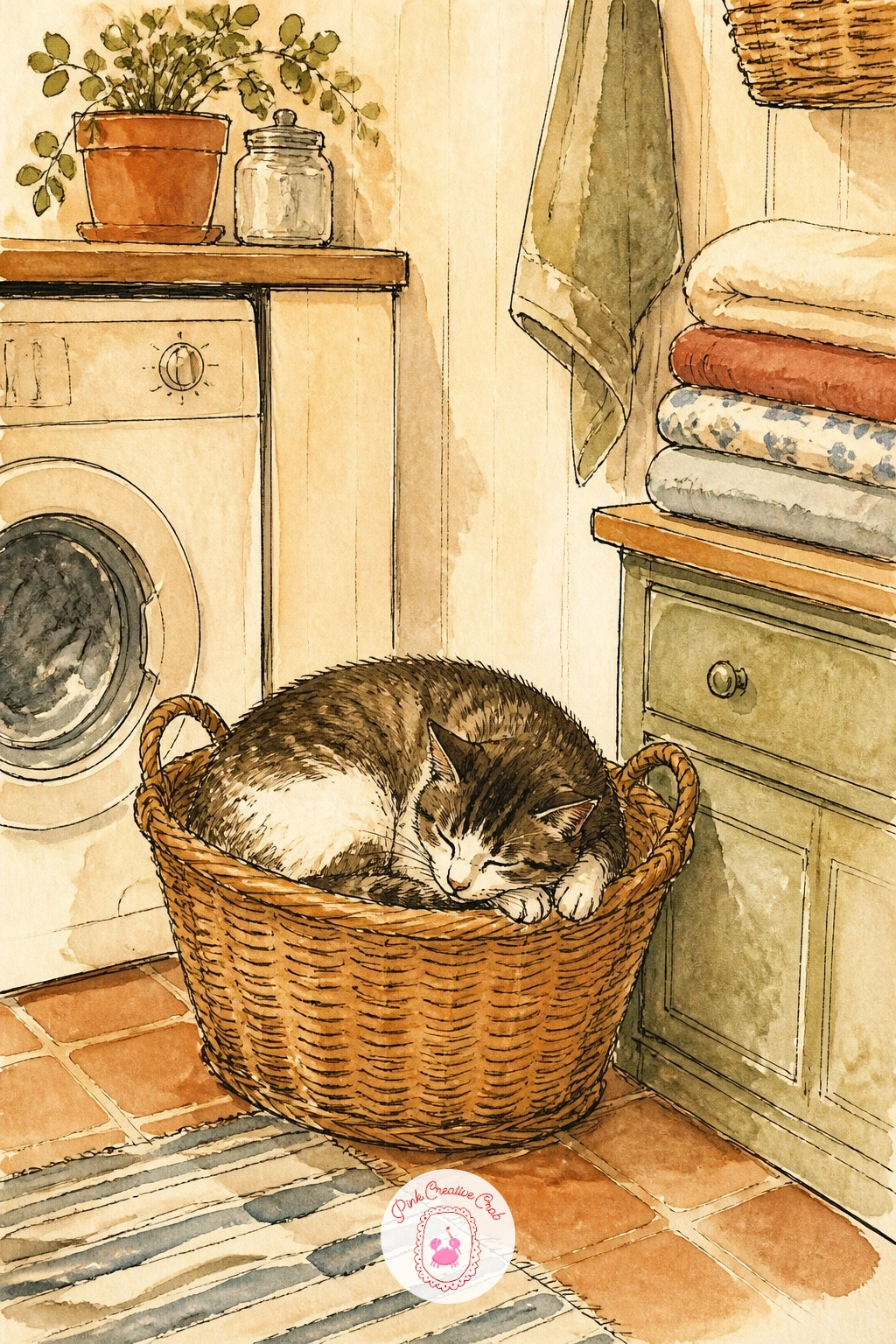Laundry Room With a Cat in a Basket — Draw the laundry basket before the cat, since the basket's woven texture and rim shape need to feel solid enough to