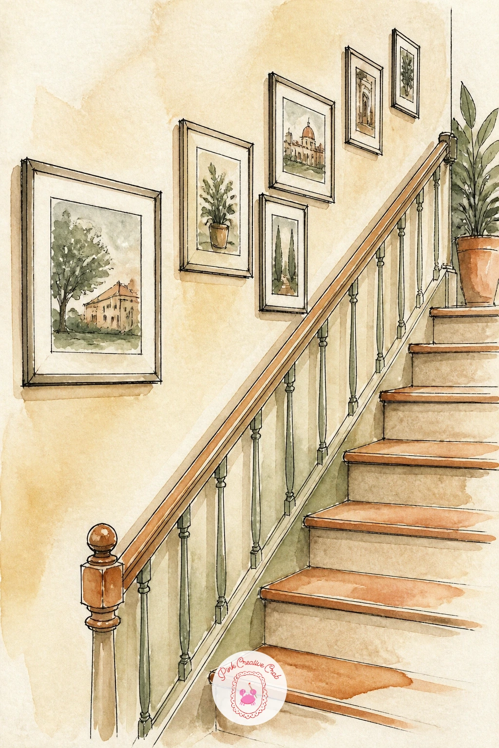 Stairway With Framed Photos — Climb the stairs diagonally across your page before adding a single frame, since the angled stair line is what makes this whole