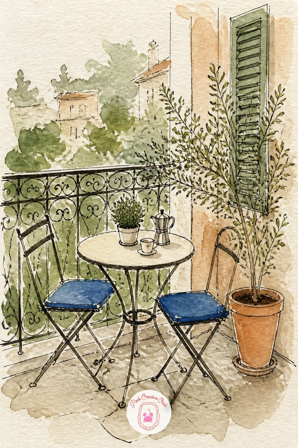 Balcony With a Bistro Set — Place the little bistro table and two chairs at a slight angle rather than straight-on, since that small rotation is what makes a