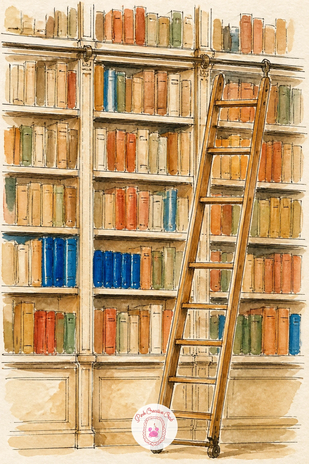 Library Wall With a Rolling Ladder — Set up the shelving grid first, since a library wall needs a believable sense of many books before the rolling ladder