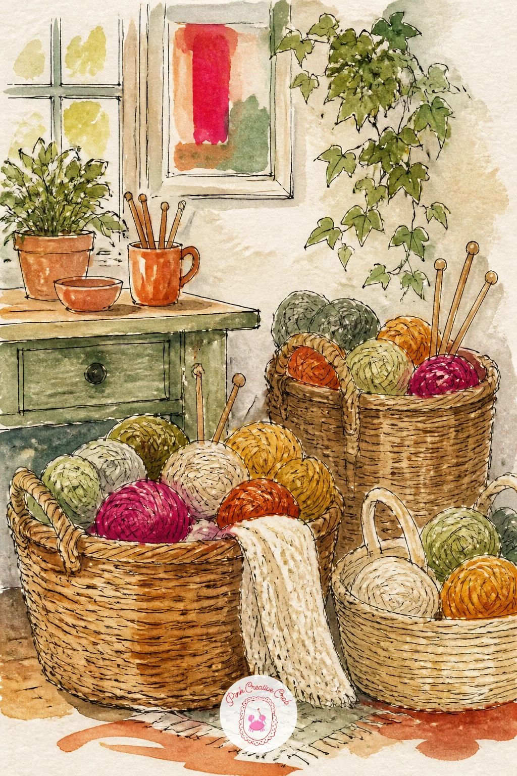 Craft Room With Yarn Baskets — Pile the yarn into simple round shapes before adding any detail, since a basket of yarn is really just a cluster of overlapping