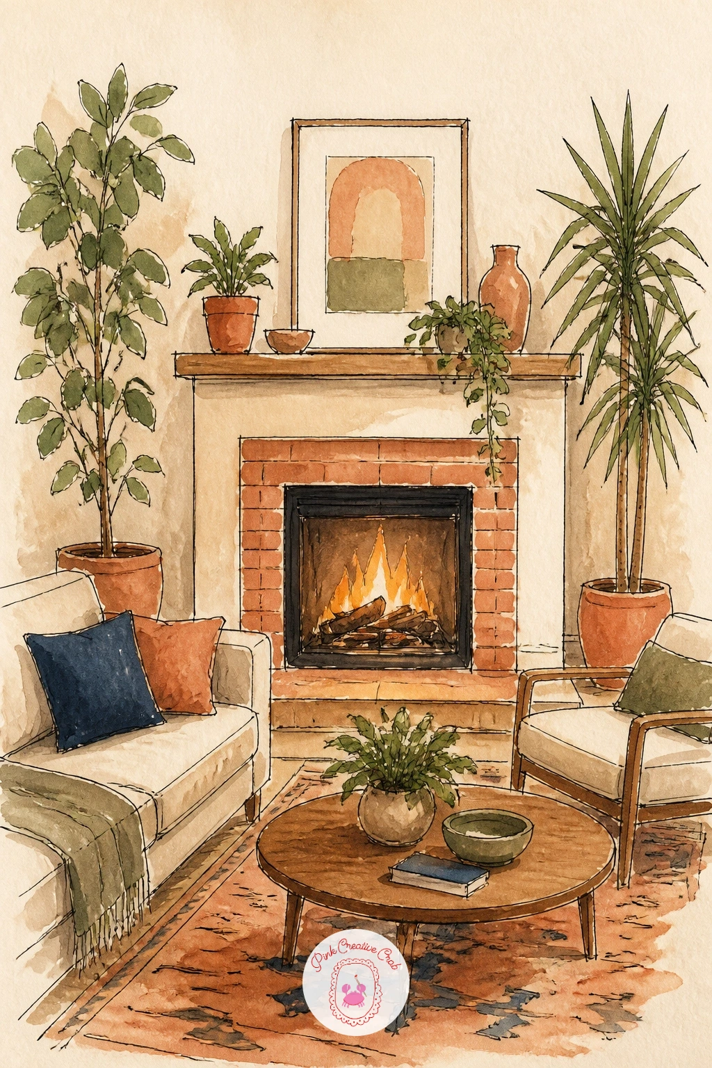 Living Room With a Fireplace and Plants — Let the fireplace sit as the clear center of this living room, since every other object, the plants, the rug, the