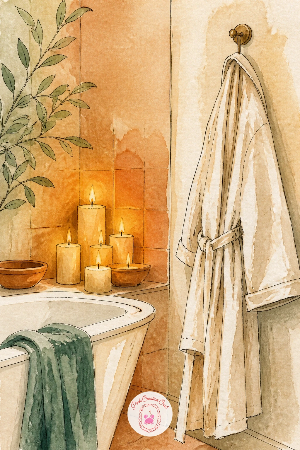 Bath With Candles and a Robe on a Hook — Return to the bathroom theme with a quieter, more intimate corner this time: a bath surrounded by candles with a robe