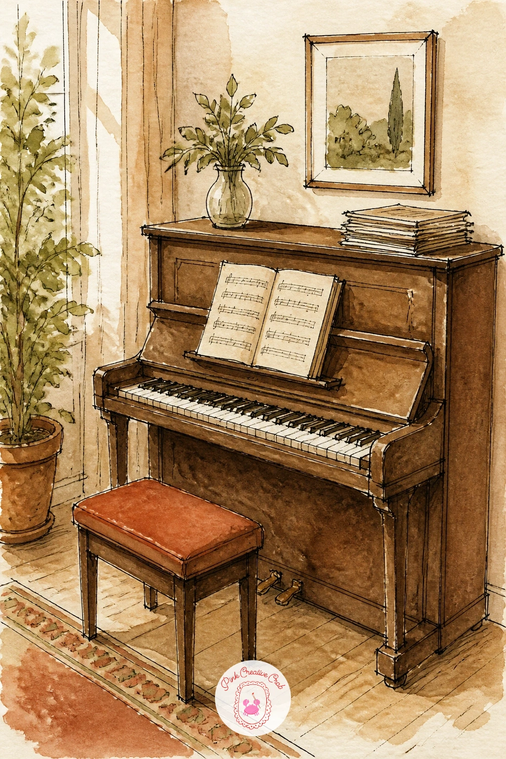 Music Corner With a Piano — Set the piano's body down as one solid confident shape, since a wobbly or uneven piano outline is the fastest way to lose the