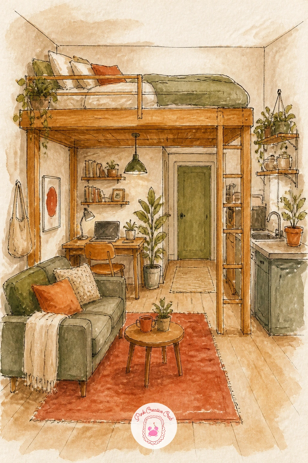 Studio Apartment With a Loft Bed — Think about the eye level again here, since a loft bed only reads clearly when you draw as if looking slightly upward toward