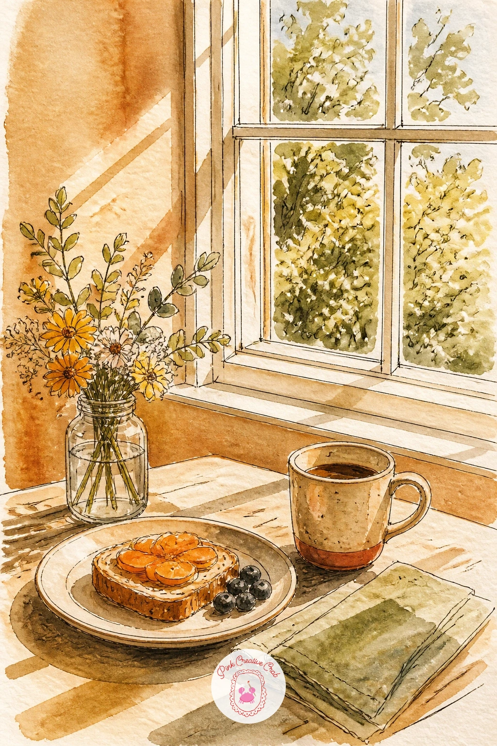 Breakfast Table by a Sunny Window — Quickly block in the strongest light and shadow shapes before drawing any small objects, since a breakfast table scene
