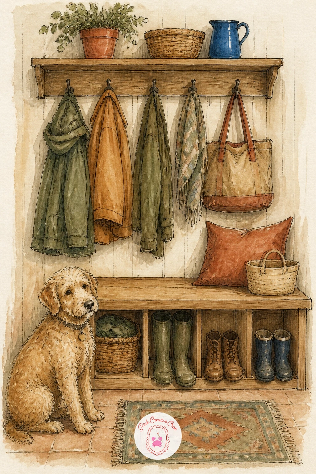 Mudroom With a Bench and a Dog — Echo that earlier hallway scene but push it further outdoors: a mudroom with a bench and a dog needs a slightly rougher, more