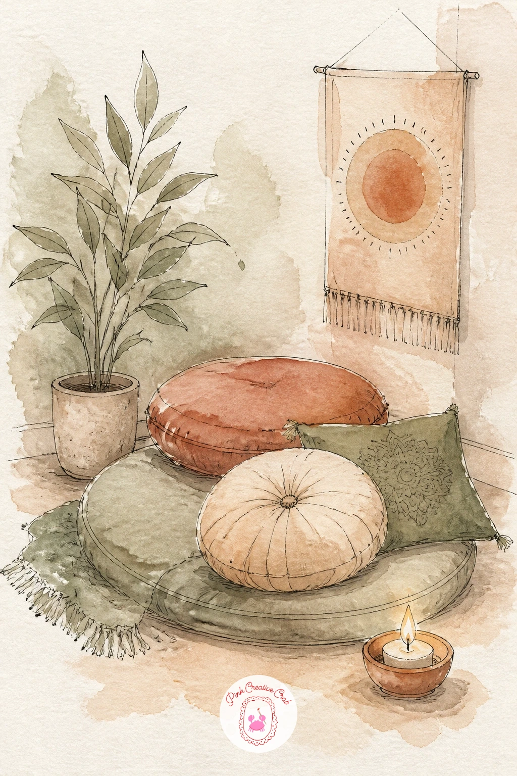 Meditation Corner With Cushions — Settle on a low, grounded composition for this meditation corner, since cushions scattered on the floor read best drawn from