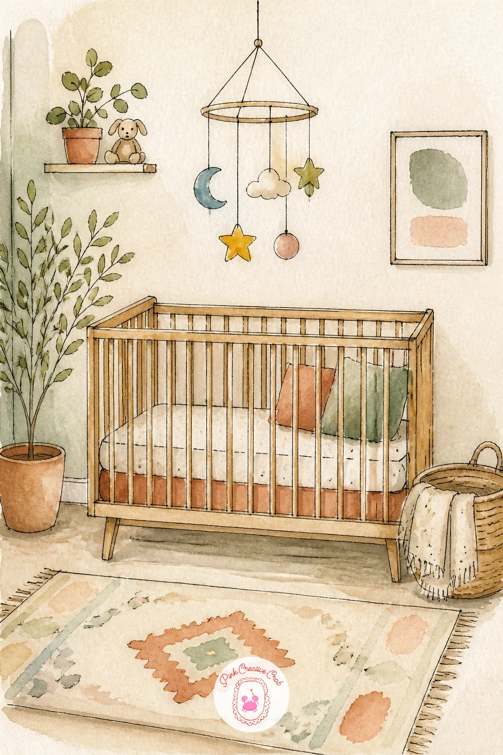Nursery With a Crib and Mobile — Draw the crib's rails as a careful evenly spaced row, since uneven spacing here is one of the quickest ways to make this