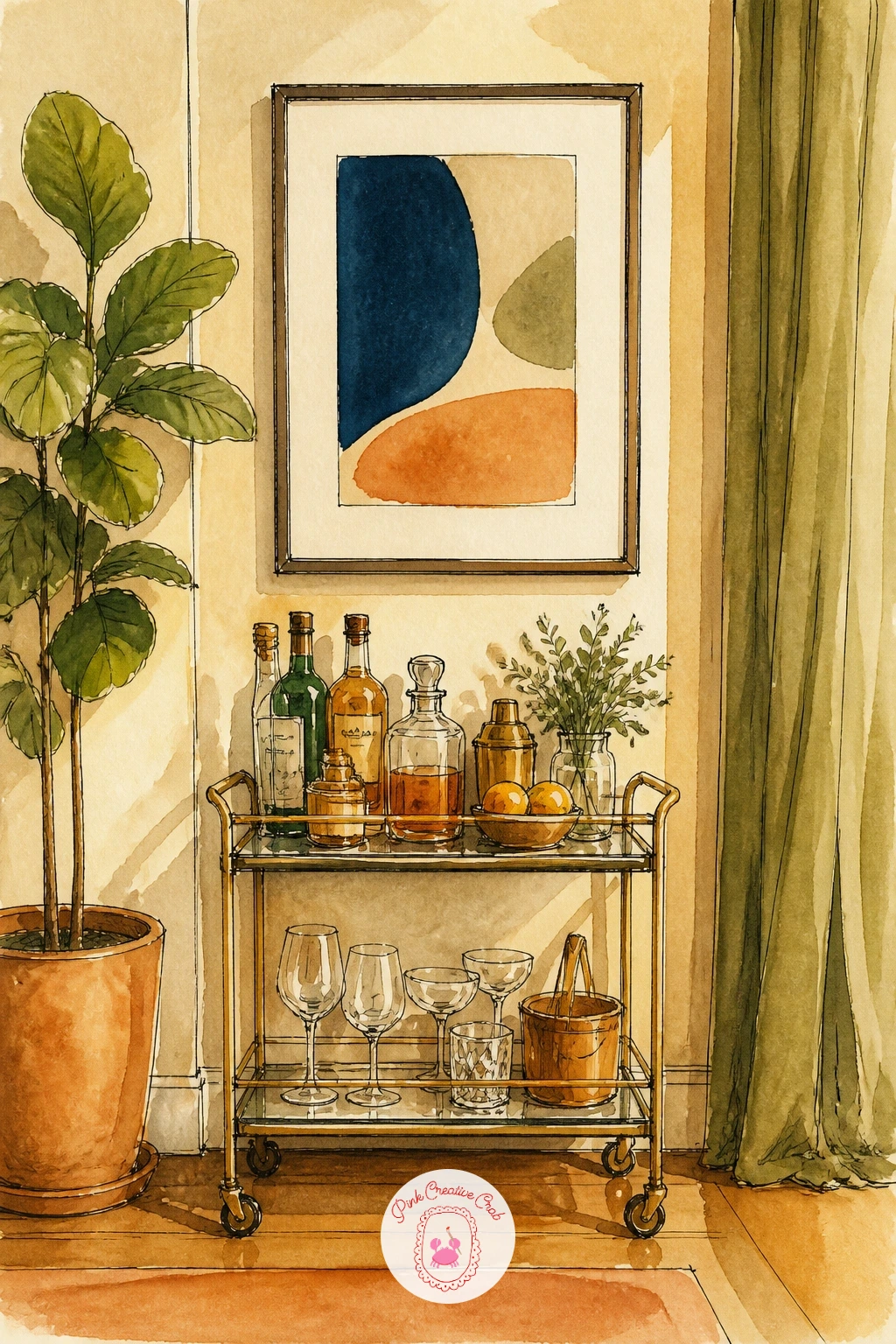 Bar Corner With a Cart and Art — Close this whole set out with a small bar corner, a cart on wheels beneath a piece of art on the wall. Watercolor and ink