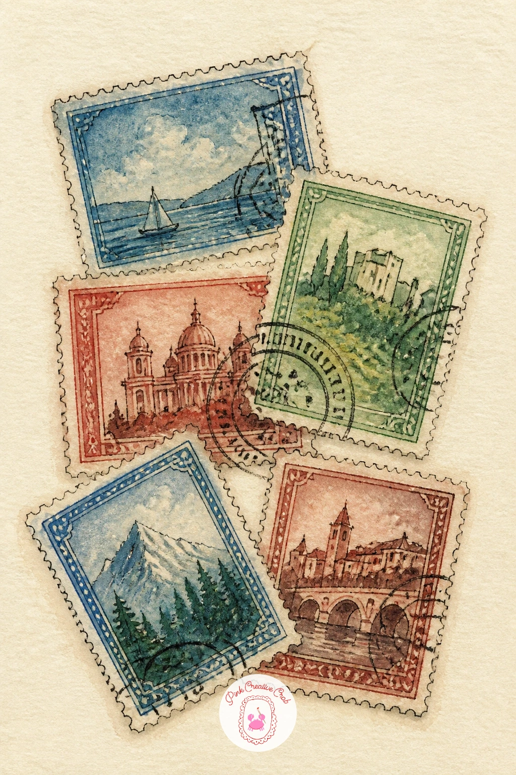 Collection of Postage Stamps — A collection of postage stamps makes a satisfying page because each one is tiny and quick, so mistakes stay small too.