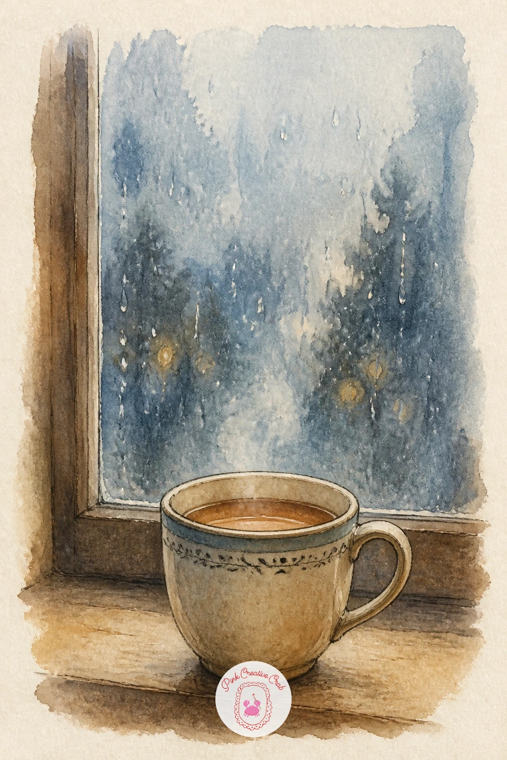 Rainy Window With a Cup of Tea — A rainy window with a cup of tea is a lovely slow page, and the trick is working wet into wet for the window itself.