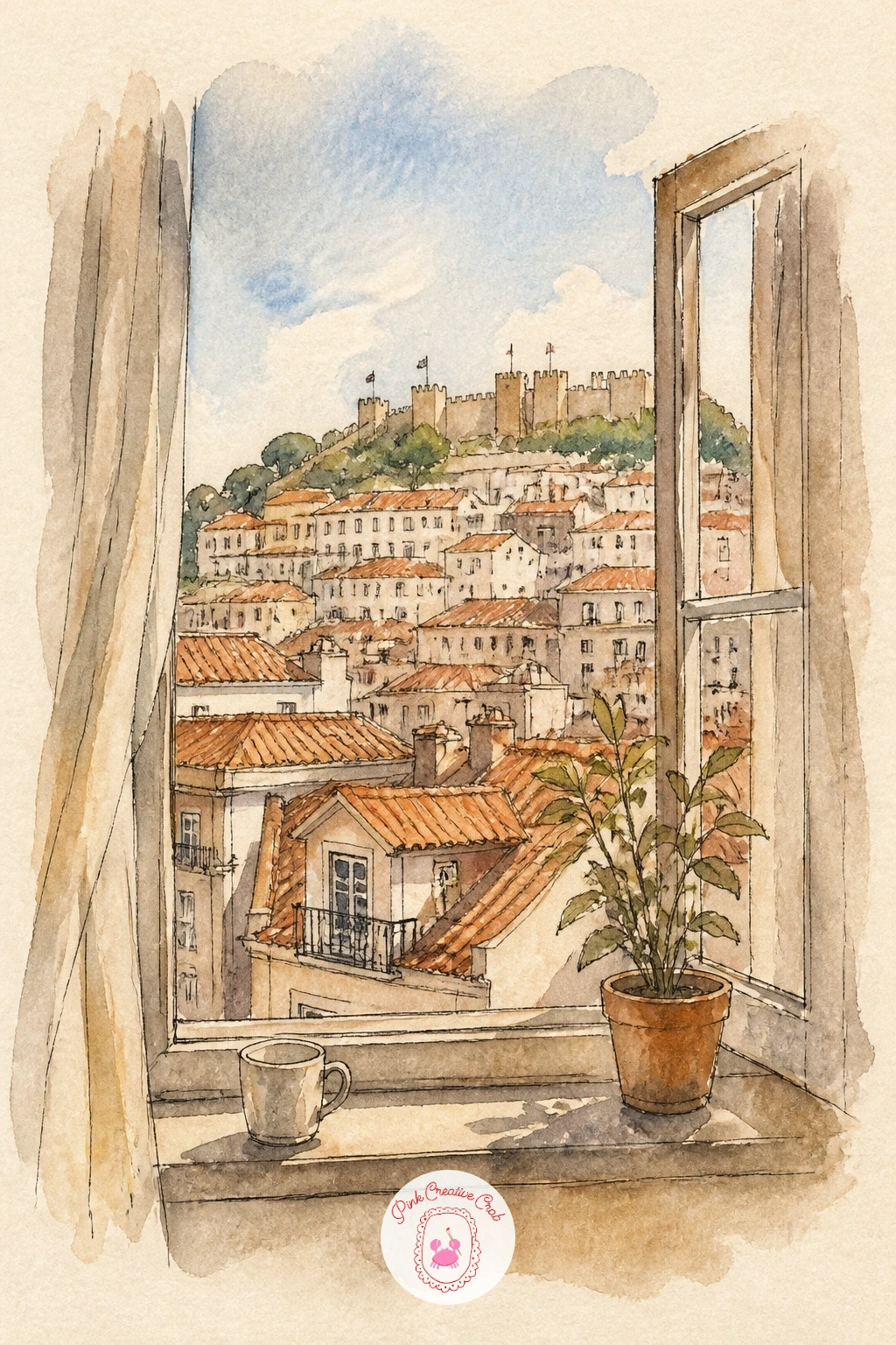 Hotel Room View in Lisbon — A hotel room view in Lisbon is a lovely next step once you are comfortable with a simple window scene, since it adds rooftops and a