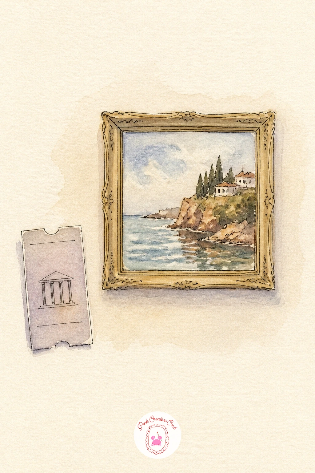 Museum Ticket and a Painting Sketch — A museum ticket and a painting sketch lets you paint art within art, a fun little layer for any travel page. Watercolor