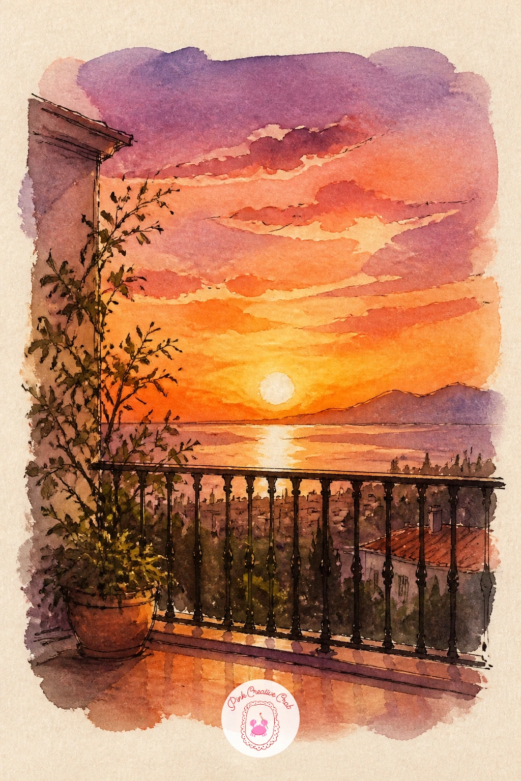 Sunset From the Balcony — A sunset from the balcony is a lovely light study, and where you place the sun changes everything else in the painting. Watercolor