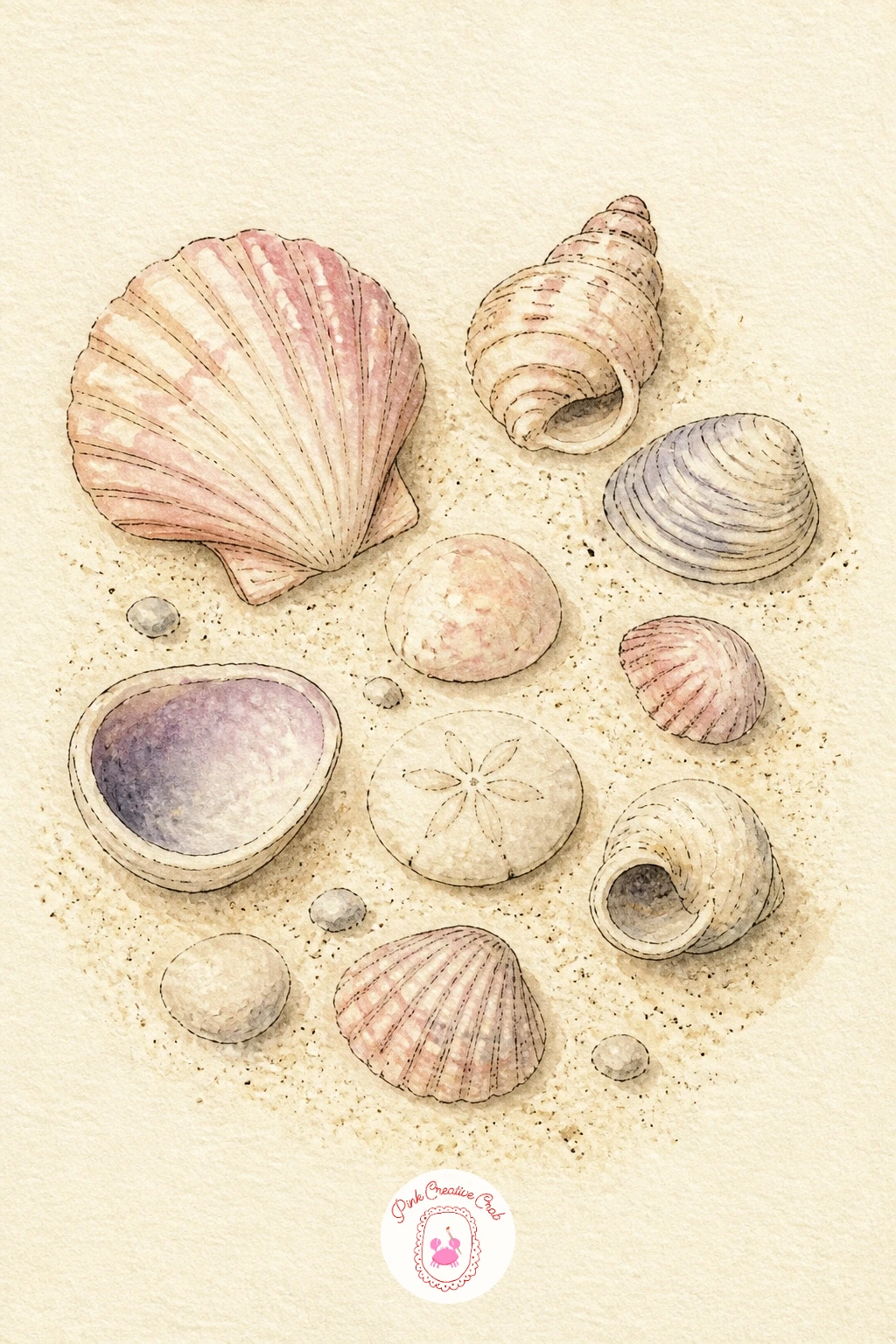 Beach Find of Shells — A beach find of shells lets you practice edges and texture together, since each shell has its own ridges and gloss. Watercolor journal