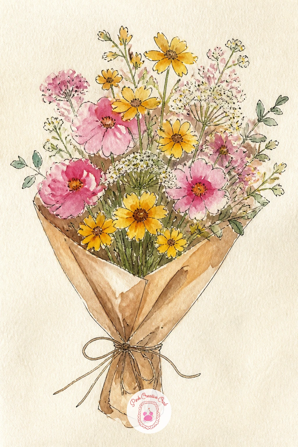 Farmers Market Flower Bunch — A farmers market flower bunch gives you another chance to paint loose florals, this time wrapped in simple brown kraft paper