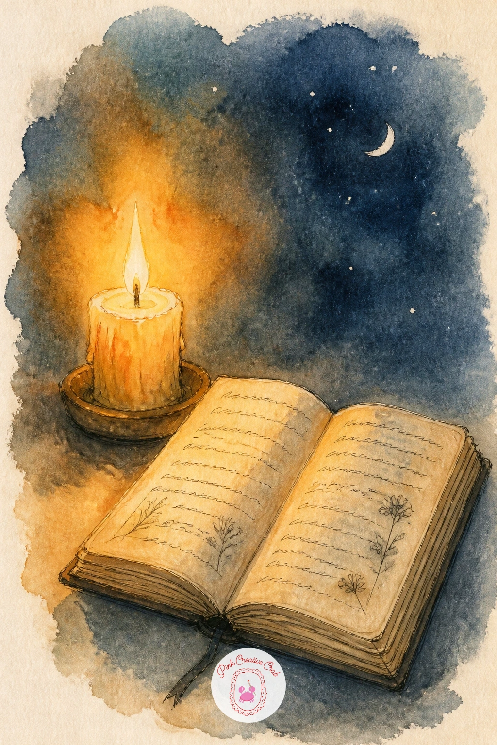 Candle and a Journal at Night — A candle and a journal at night is a cozy, moody page, and the whole effect rides on a single warm light source. Watercolor