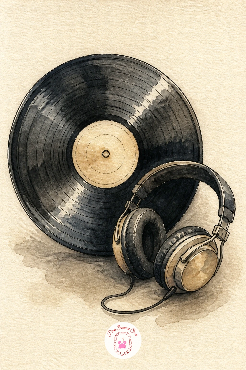 Vinyl Record and Headphones — A vinyl record and headphones asks for one careful circle, so trace around a small coin or cap to get the record's outline