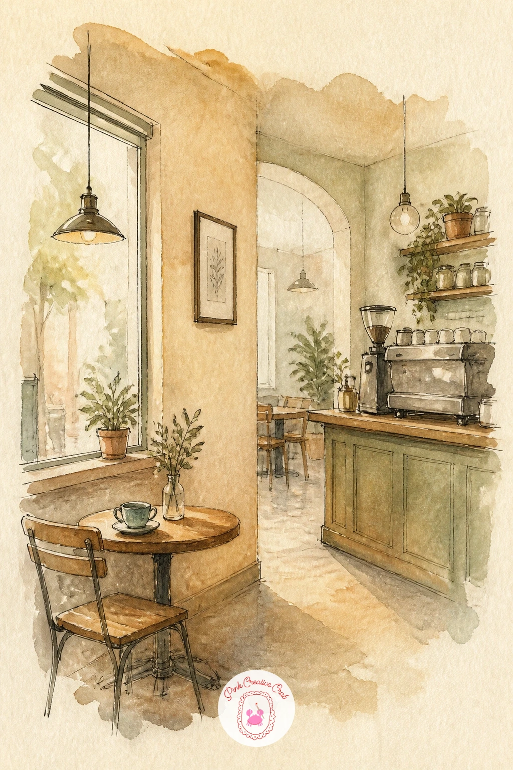 Sketch of a Cafe Interior — A sketch of a cafe interior is one of the more involved pages on this list, so settle on your eye level first, since it decides how