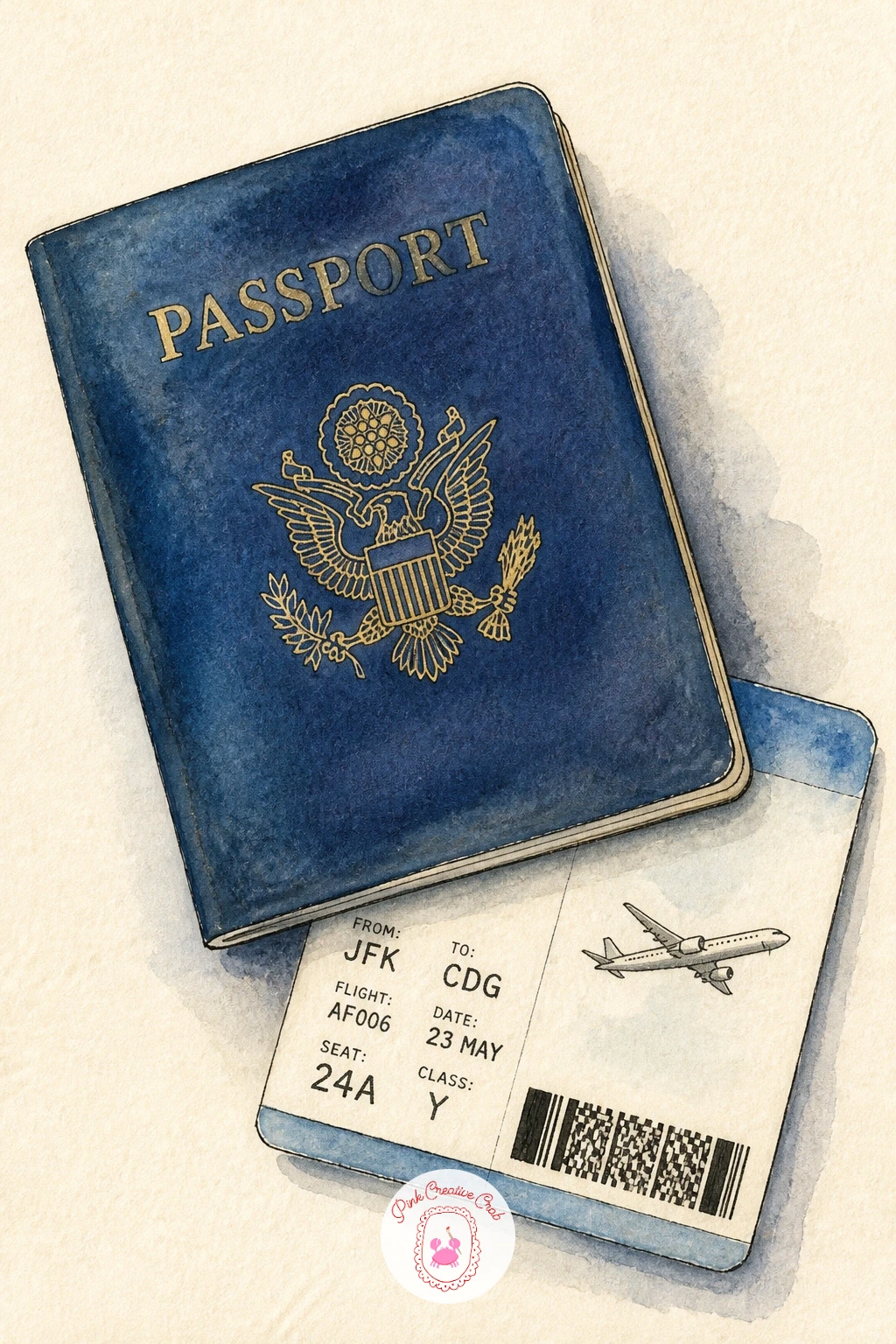 Passport and Boarding Pass — A passport and boarding pass is a classic travel journal page, and keeping the two documents at slightly different angles stops