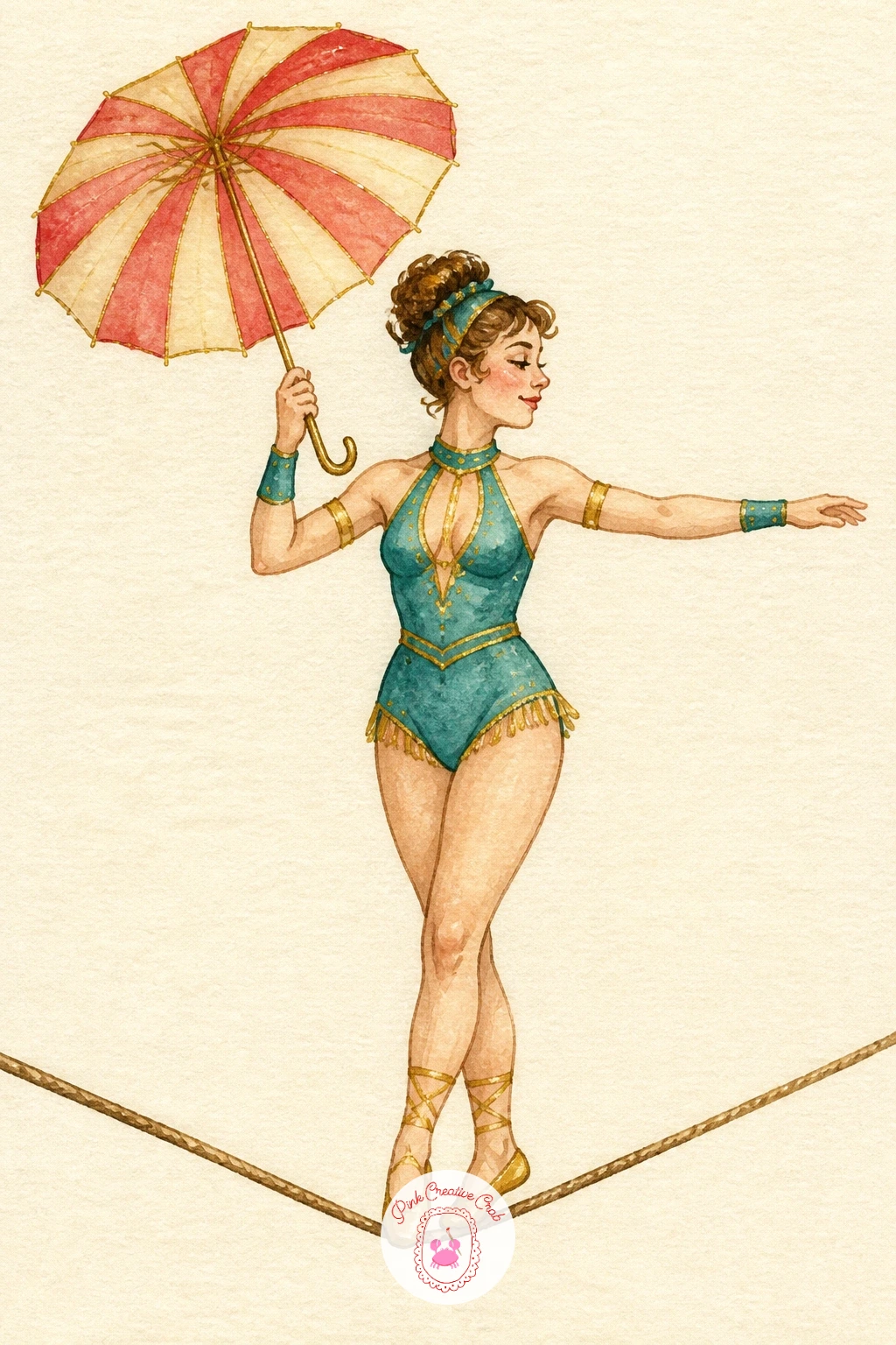 Acrobat on a Tightrope — Once the tent is dry, give it a performer: an acrobat balanced on a tightrope, arms out wide, one striped parasol held for balance.