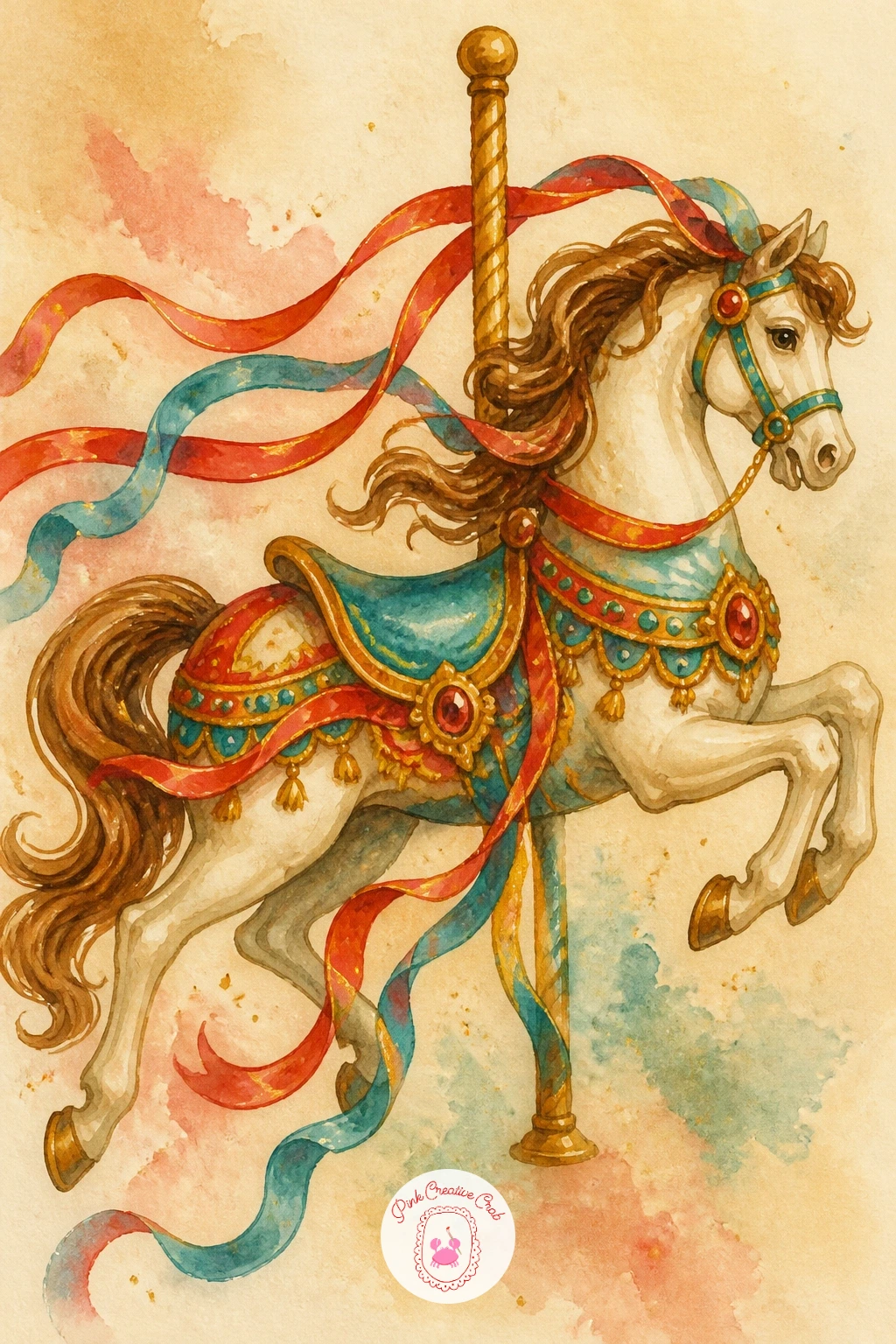 Carousel Horse with Ribbons — Carry the fairground mood forward with a carousel horse mid-gallop, mane flying and ribbons streaming from its bridle. Circus