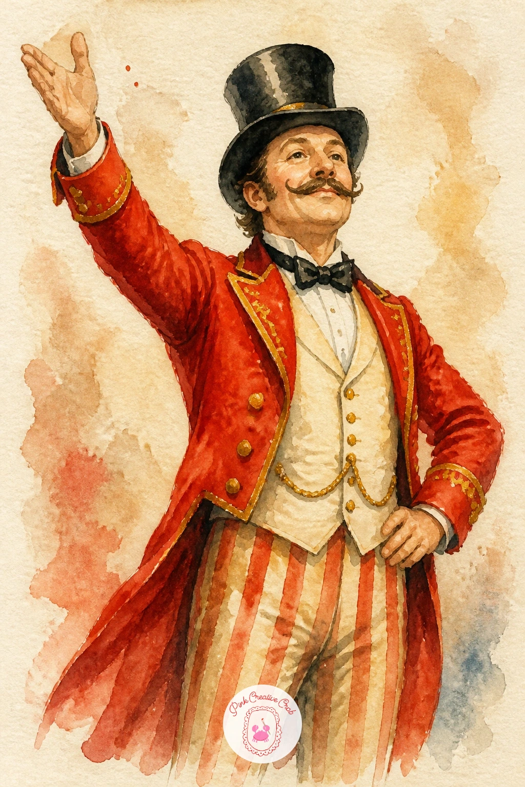 Ringmaster with a Top Hat — Bring in the master of ceremonies next: a ringmaster in a red tailcoat and tall black top hat, one arm raised as if announcing the