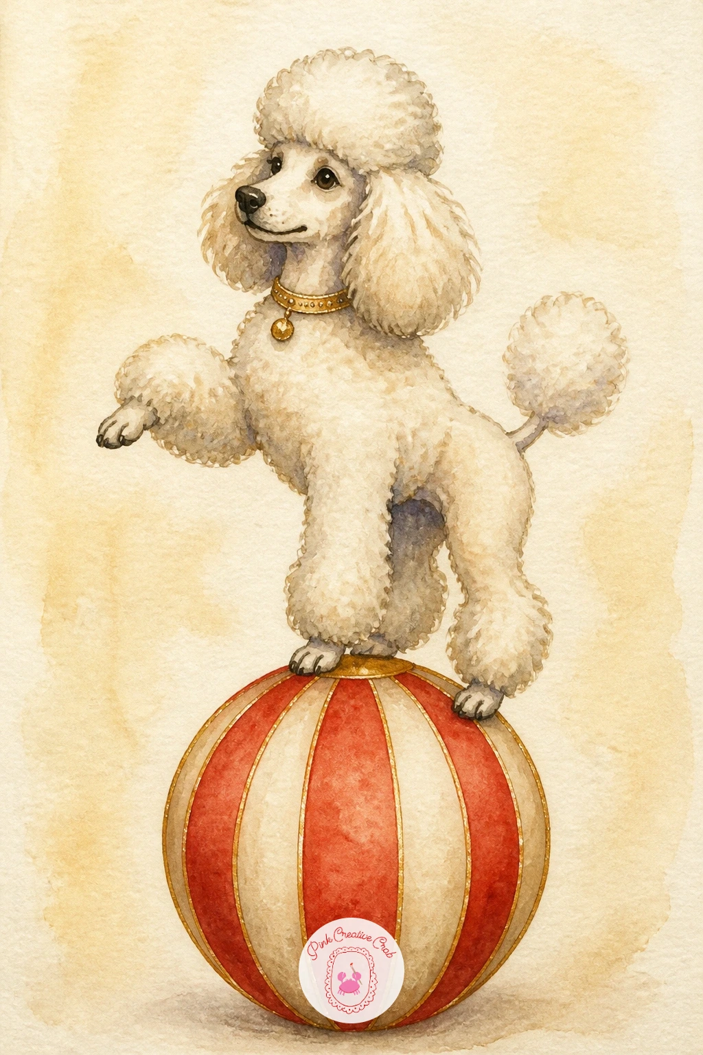 Poodle Balancing on a Ball — Lighten the mood with a trained poodle balanced on a striped circus ball, one paw raised as if mid-trick. Circus watercolor