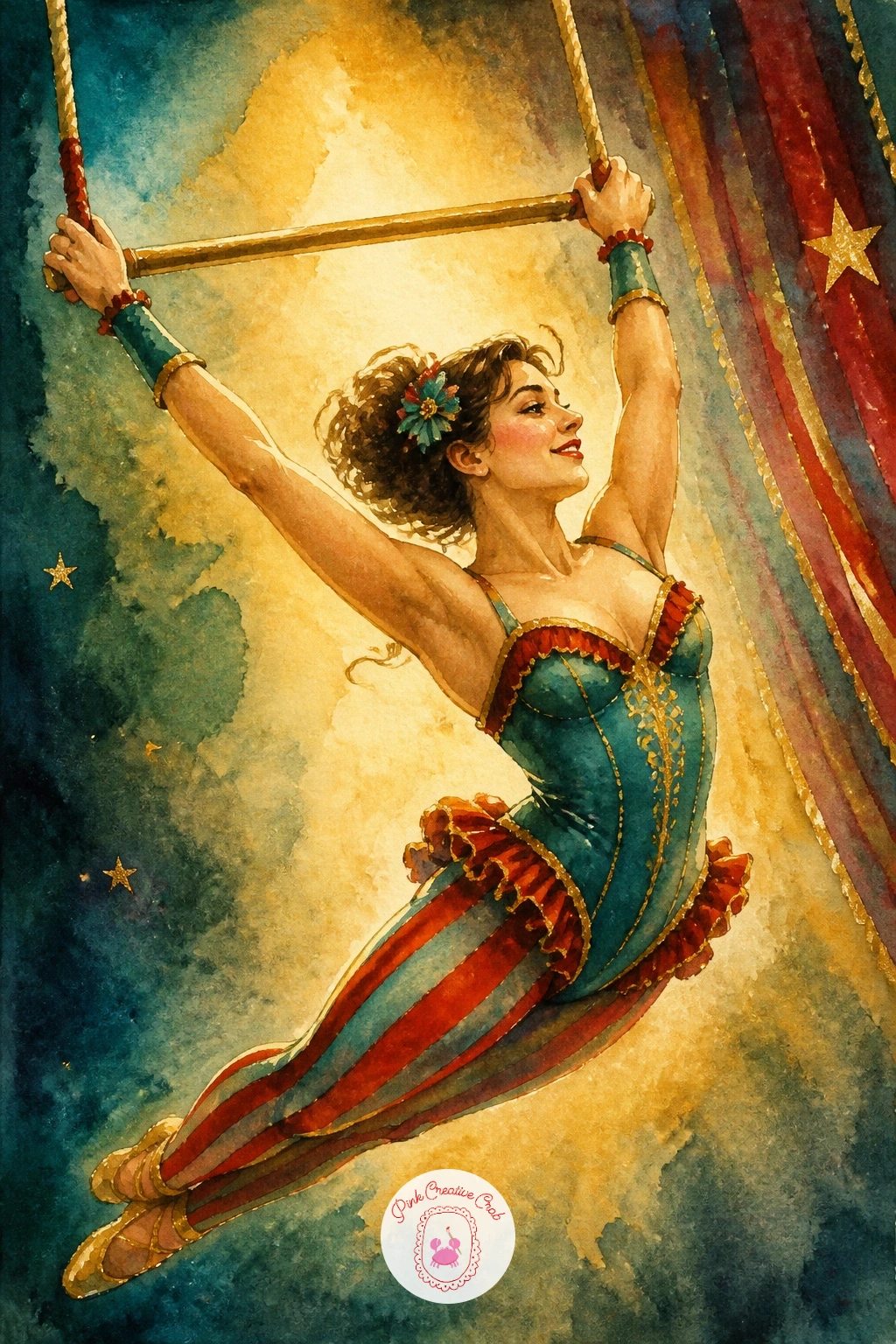 Trapeze Artist Mid-Swing — Send the energy upward with a trapeze artist caught mid-swing, body stretched in a long diagonal line from the bar. Circus watercolor