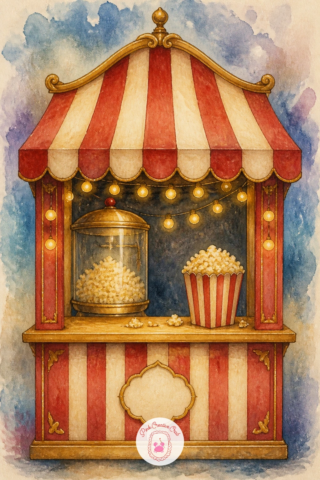 Popcorn Stand with a Striped Awning — Bring the scene back down to ground level with a popcorn stand, its striped awning echoing the big top above. Circus