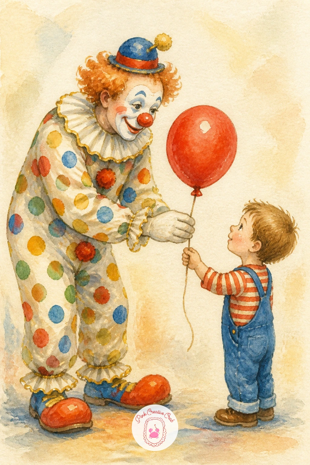 Clown Giving a Balloon to a Child — Add warmth to the page with a small scene: a clown in a polka dot costume handing a single red balloon to a child. Circus