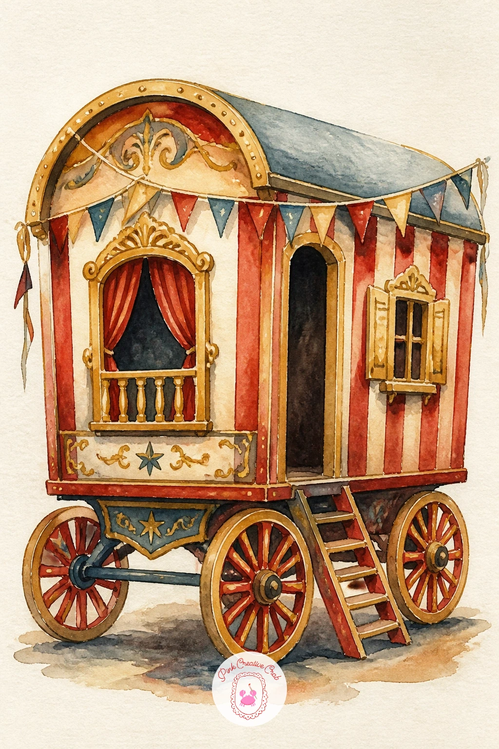 Circus Caravan with Painted Wheels — Give the performers somewhere to live with a circus caravan, its wheels painted in bright circus colors and its door left