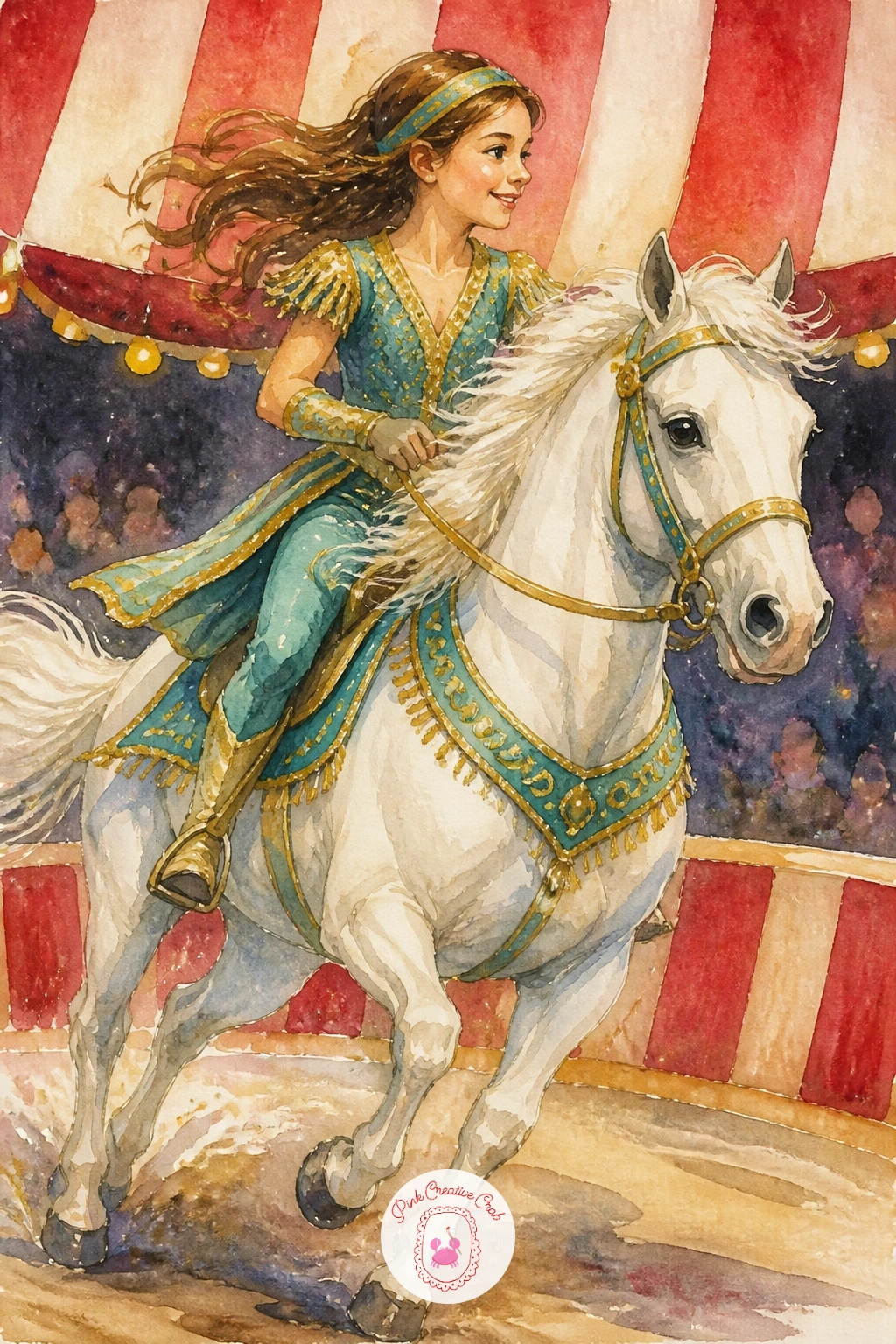 Girl Riding a White Horse in the Ring — Move into the main ring with a girl in a sequined costume riding a white horse at a gallop, one arm raised to the