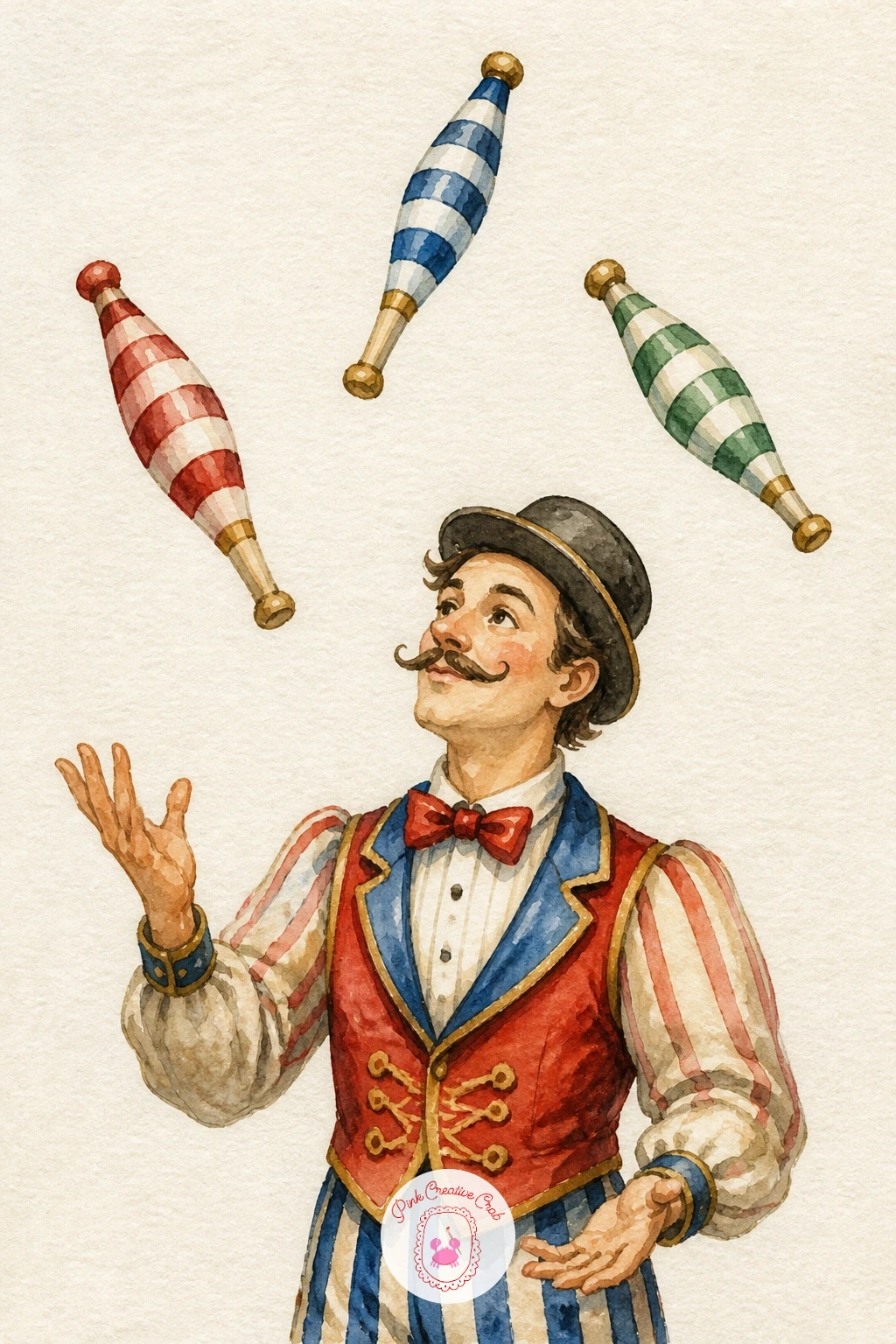 Juggler with Colorful Pins — Keep the ring lively with a juggler mid-throw, three colorful pins arcing above his hands. Circus watercolor