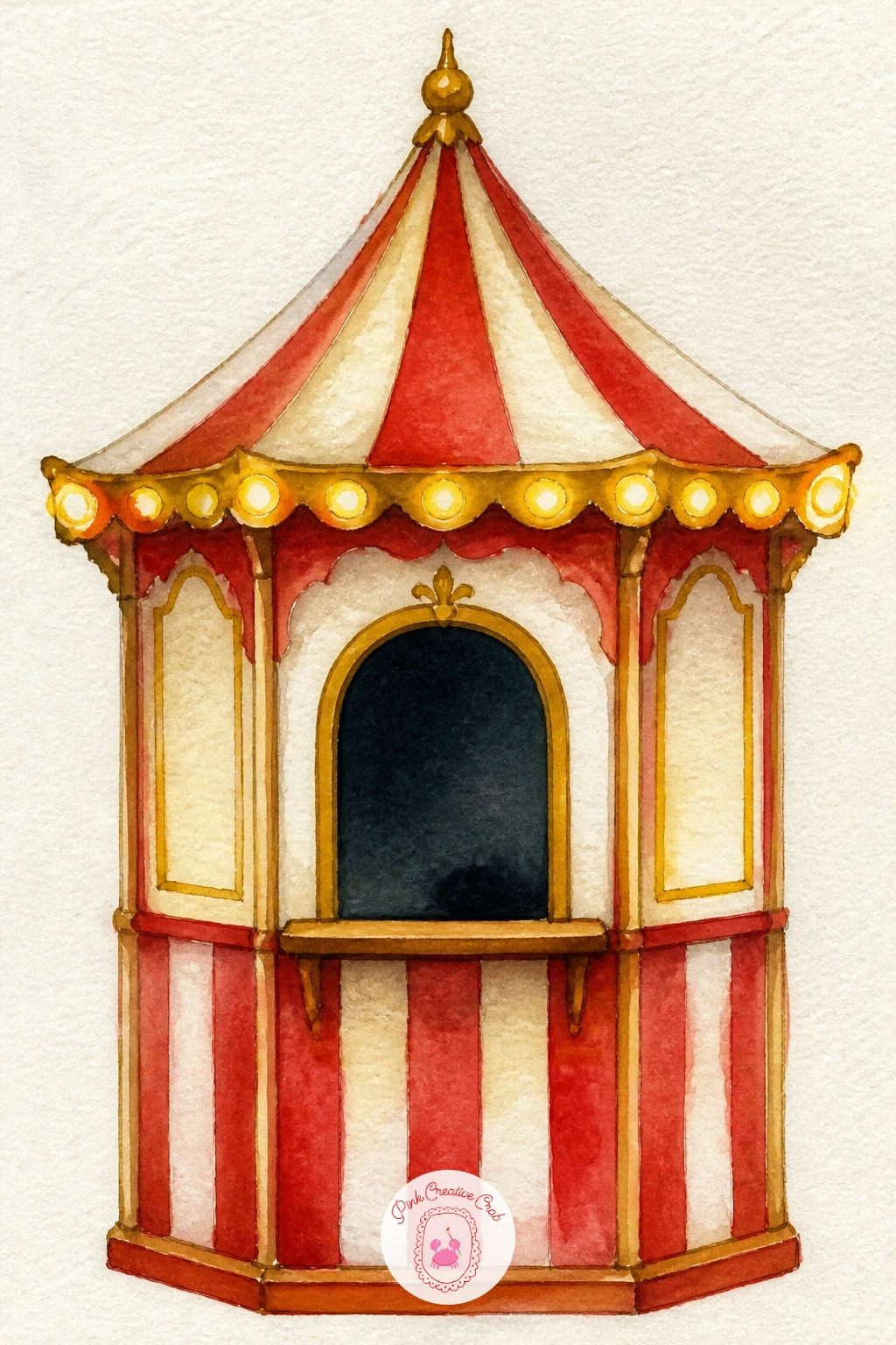 Ticket Booth with Lights — Welcome the crowd with a small ticket booth, its window edged in a string of gold circus lights. Circus watercolor