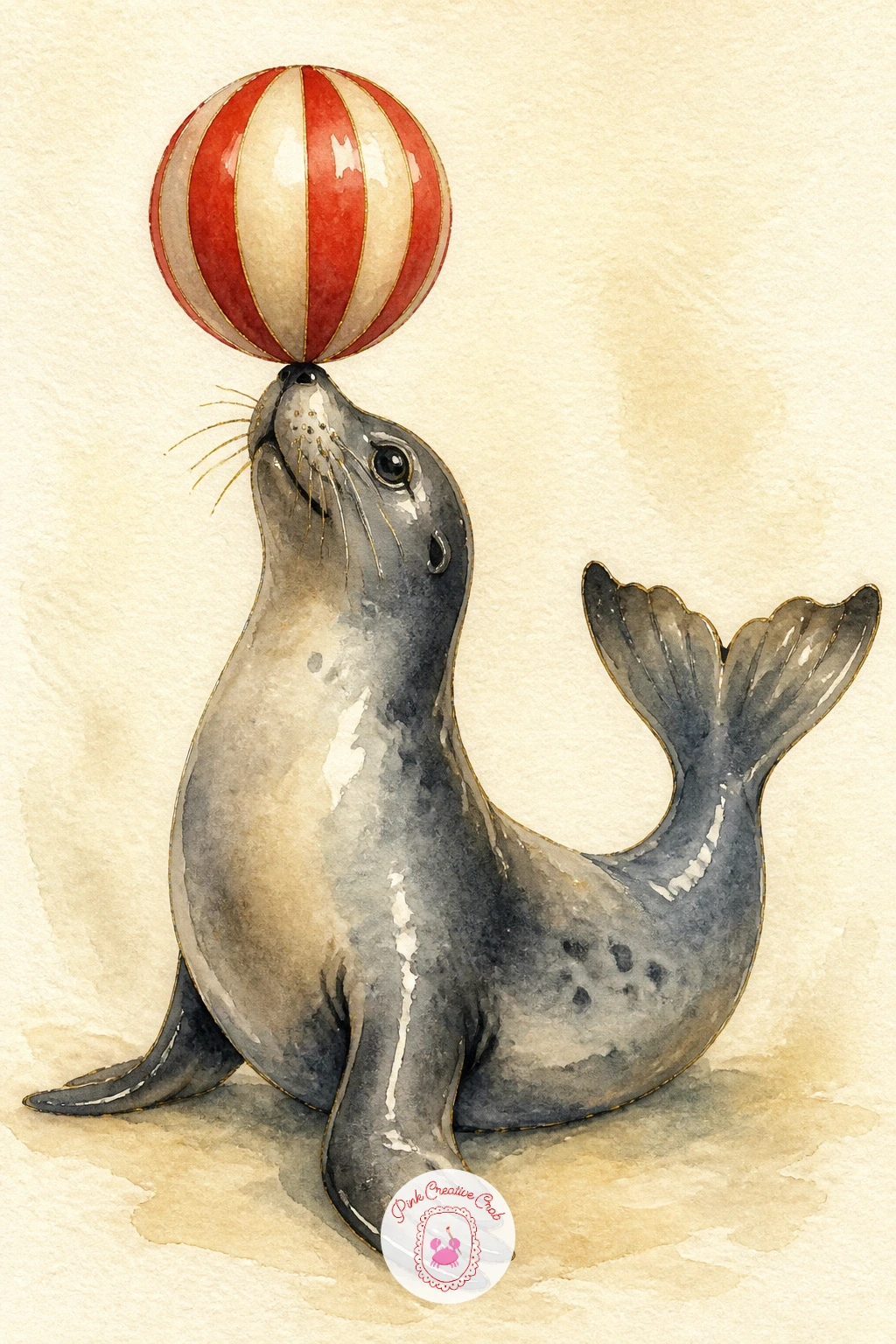 Seal Balancing a Ball — Return to the animal acts with a glossy seal balancing a striped ball on its nose. Circus watercolor