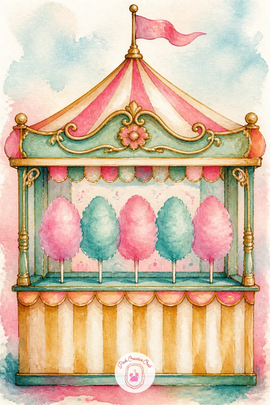 Cotton Candy Stand — Sweeten the page with a cotton candy stand, its spun sugar clouds in soft pink and pale teal. Circus watercolor