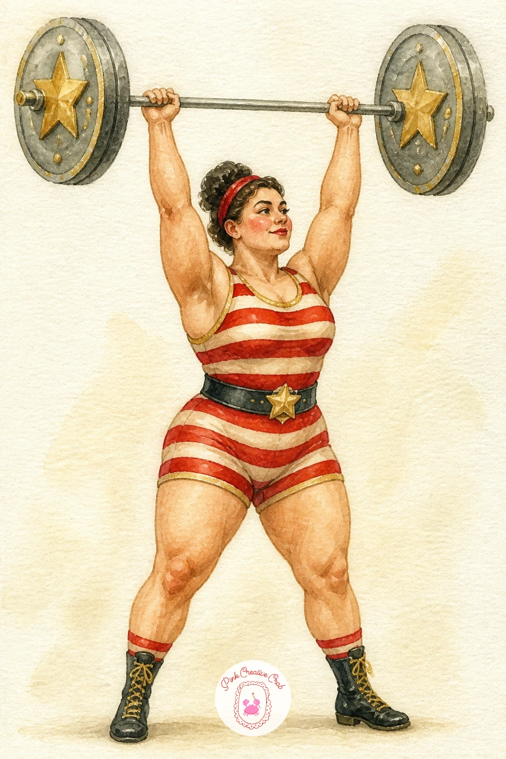 Strongwoman Lifting a Barbell — Bring in a little muscle with a strongwoman in a striped leotard lifting a barbell overhead. Circus watercolor