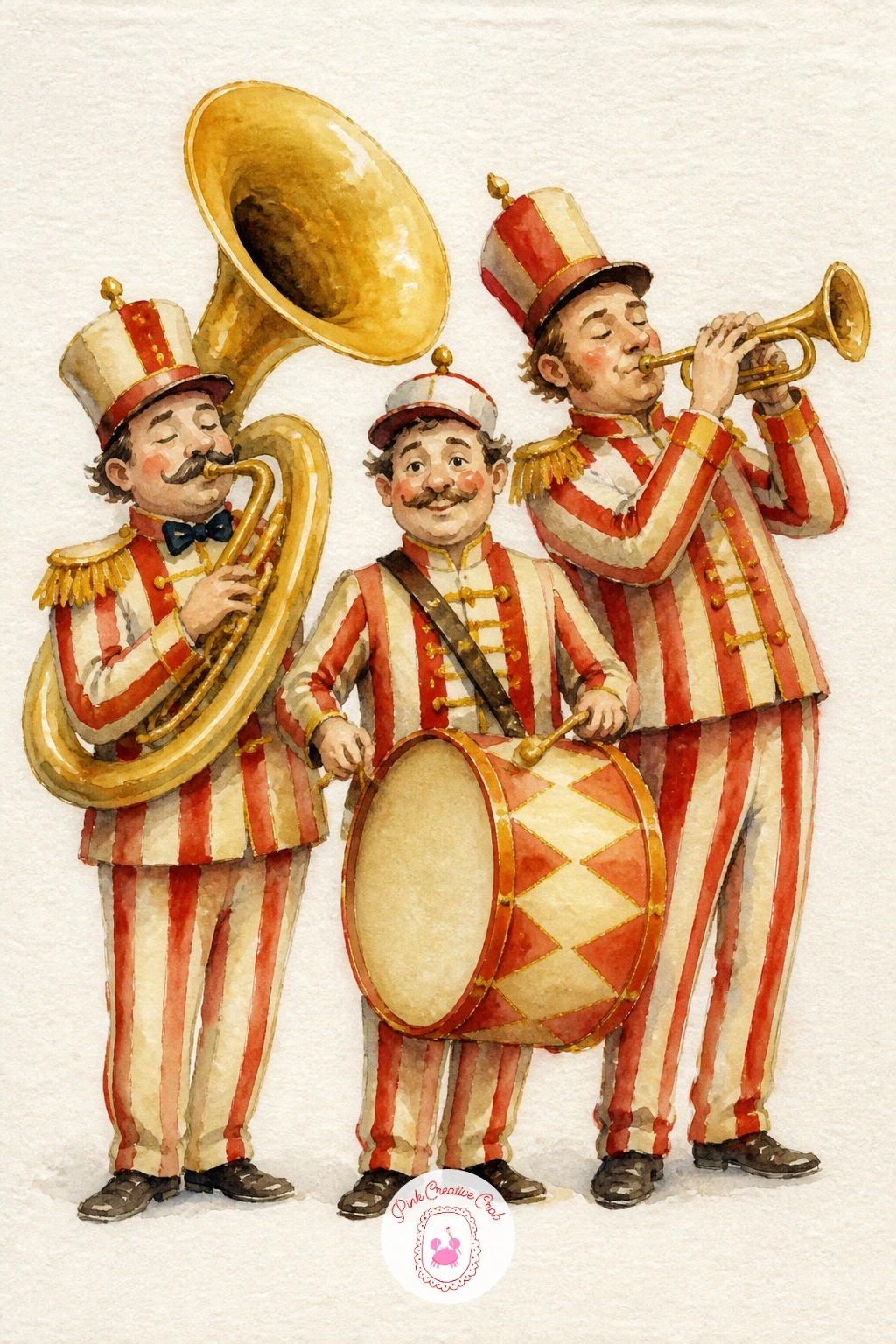 Circus Band — Give the scene its soundtrack with a small circus band, three musicians in striped uniforms with a tuba, a drum and a trumpet. Circus watercolor
