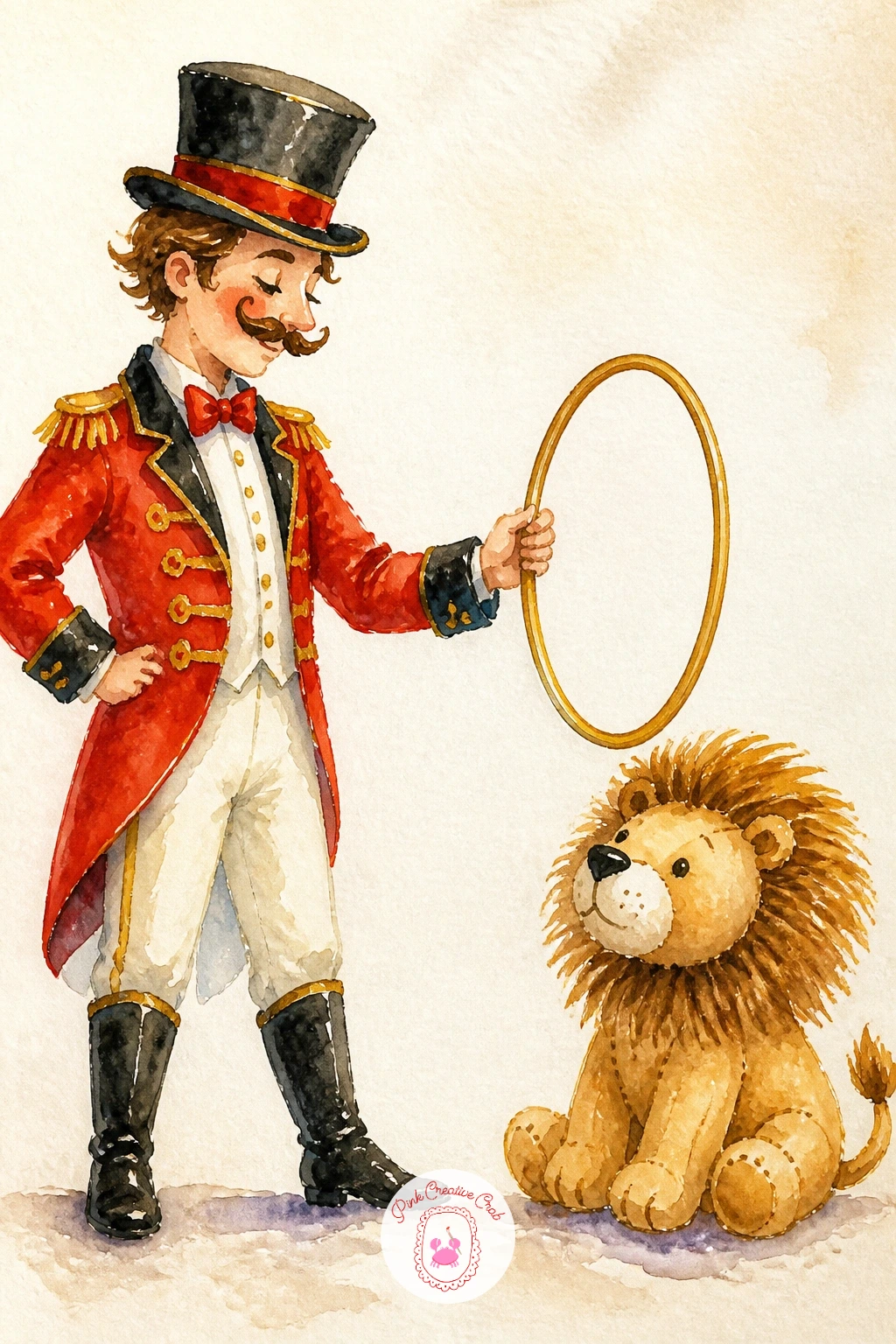 Lion Tamer with a Toy Lion — Soften the classic act with a playful version: a lion tamer holding a hoop out to a clearly toy, plush-looking lion rather than a