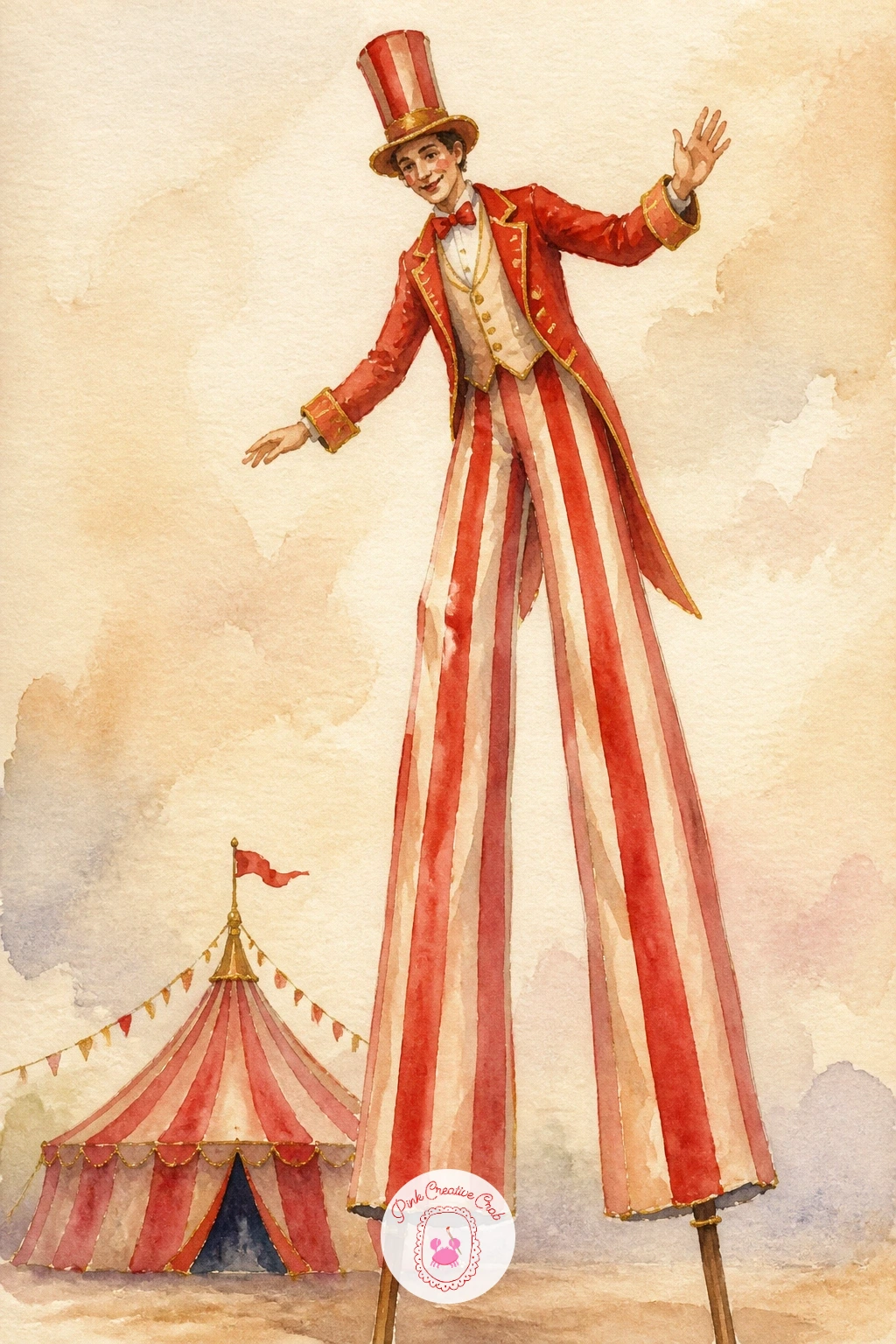 Stilt Walker — Stretch the composition tall with a stilt walker in a long striped costume towering over the ring below. Circus watercolor