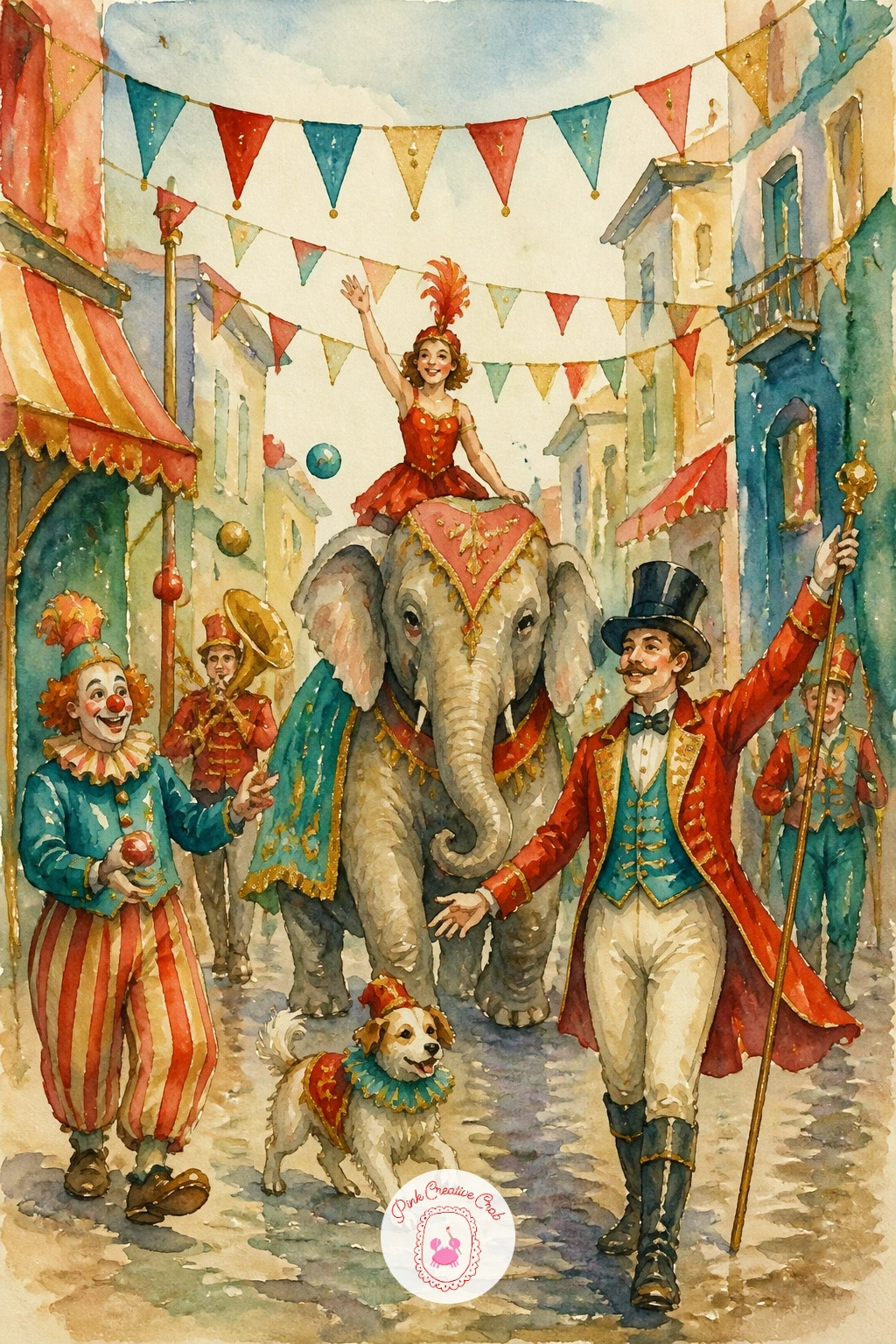 Circus Parade Down a Street — Widen the whole scene into a circus parade moving down a street, banners and a small marching group leading the way. Circus