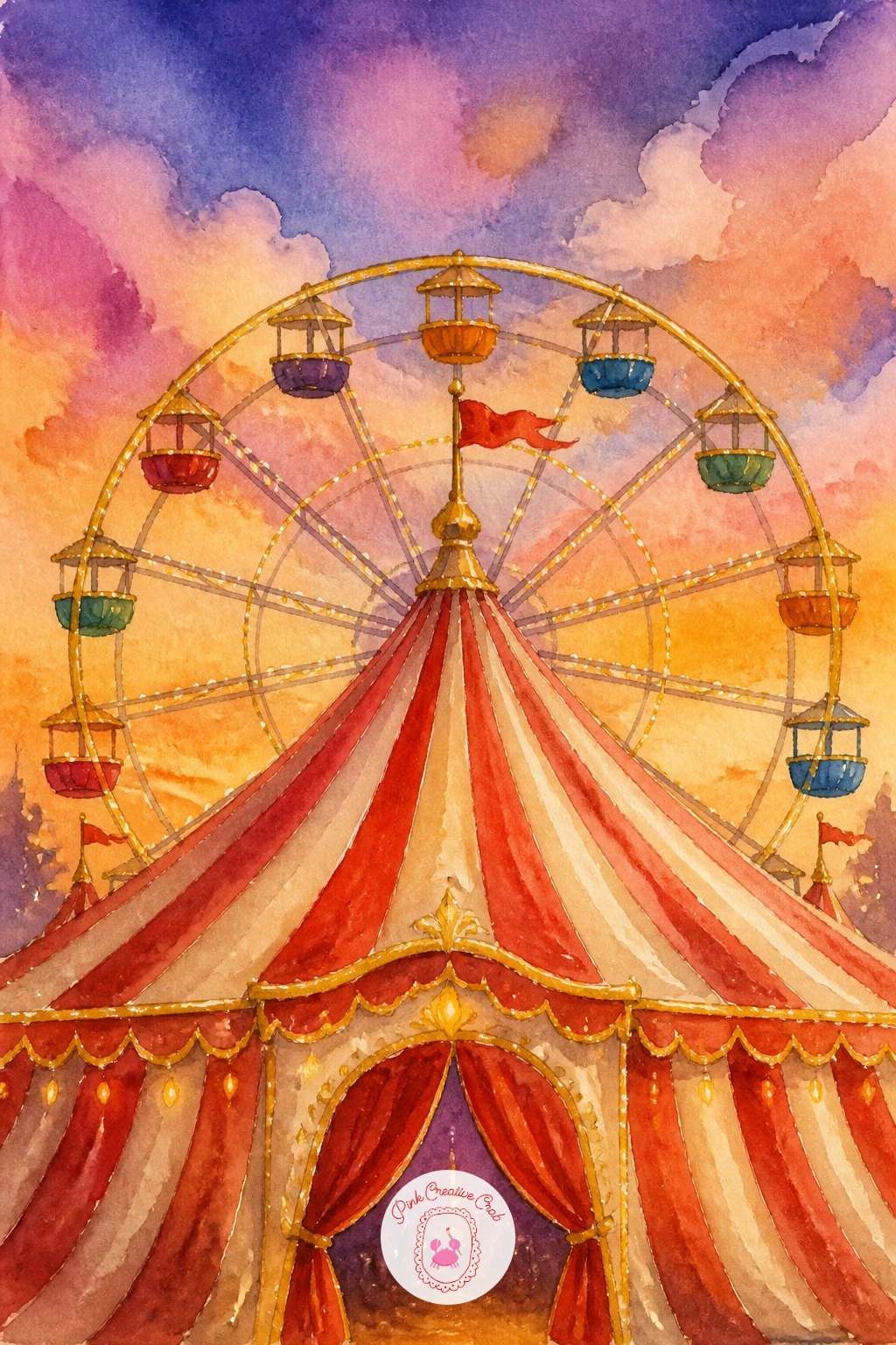 Ferris Wheel Behind the Tent — Add depth to the fairground with a ferris wheel rising behind the big top, its colored cars catching the evening light. Circus