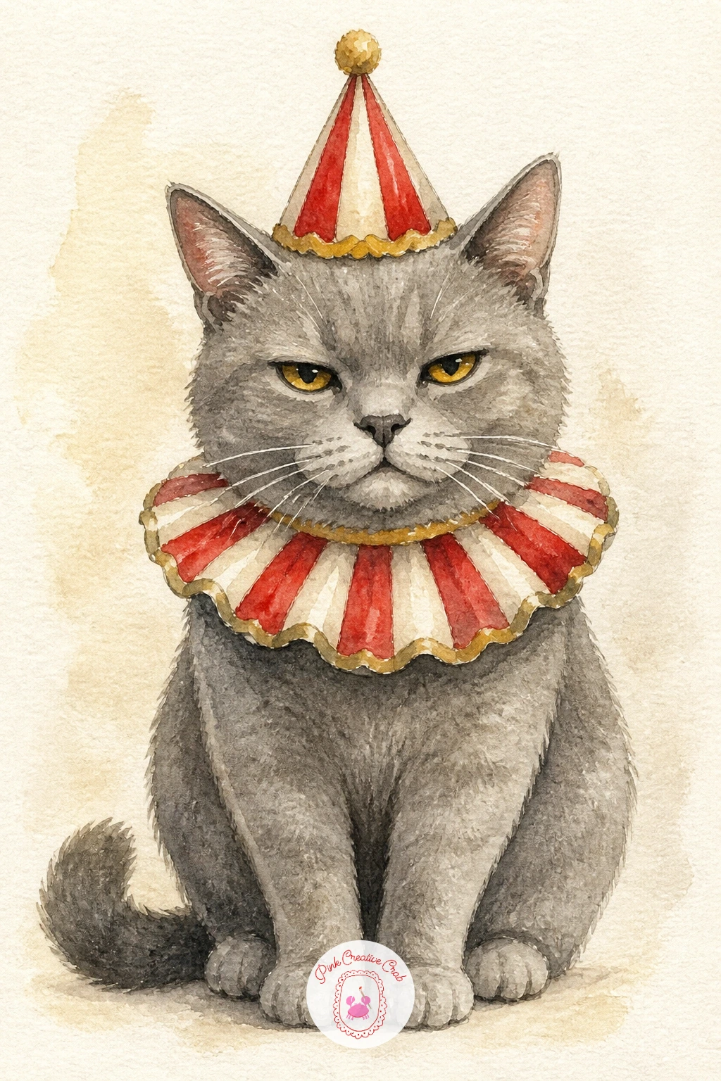 Cat in a Tiny Circus Costume — Bring the circus home with a cat dressed in a tiny striped circus costume, complete with a little ruff collar. Circus watercolor