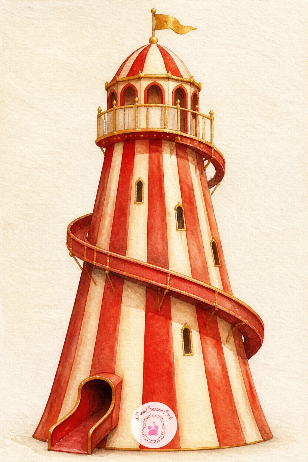 Candy-Striped Helter Skelter — Return to the fairground structures with a helter skelter slide, its candy stripes spiraling down from a tall peak. Circus