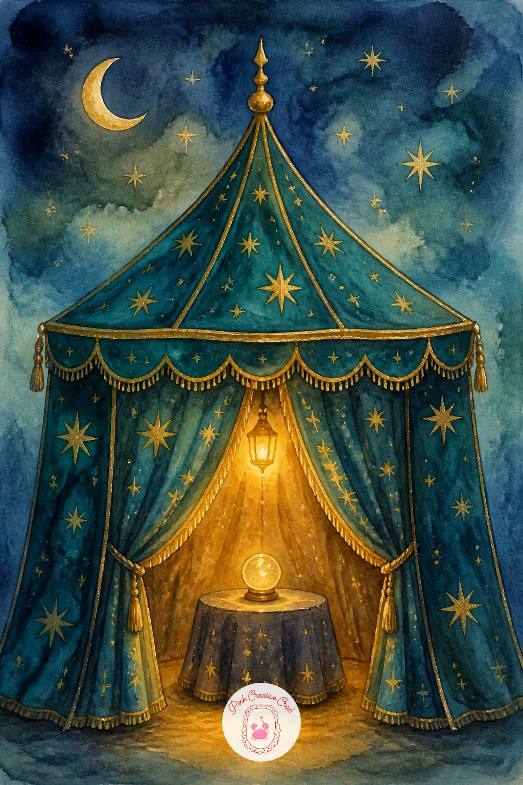 Fortune Teller Tent — Slow the pace with a small fortune teller tent, its entrance draped in rich fabric and a single glowing lamp inside. Circus watercolor