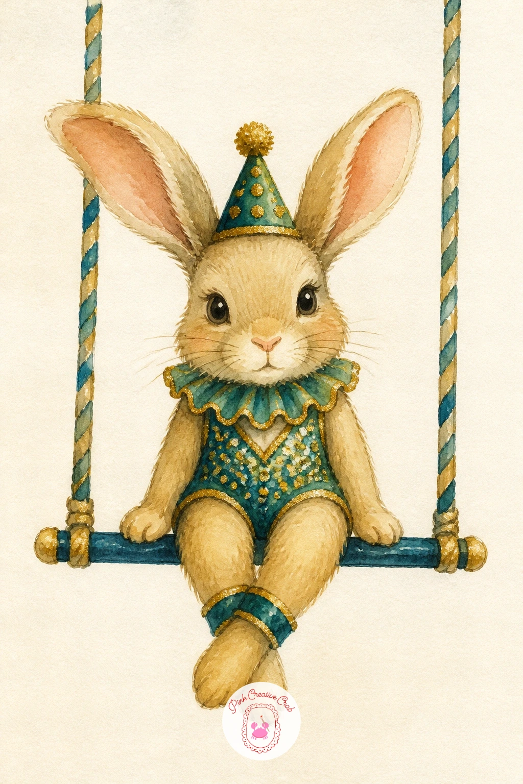 Trapeze Bunny — Return to the playful animal side with a trapeze bunny, a small rabbit in a sequined costume swinging on a trapeze bar. Circus watercolor