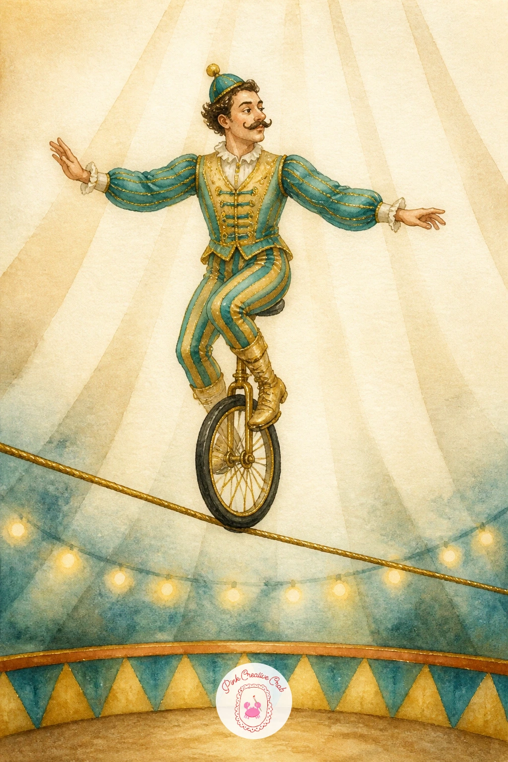 Unicycle on a Rope — Close the whole set with its most advanced balancing act: a performer riding a unicycle along a tightrope high above the ring. Circus